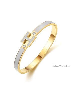 18K Gold Plated Stainless Steel Enamel H Bangle Bracelet for Women
